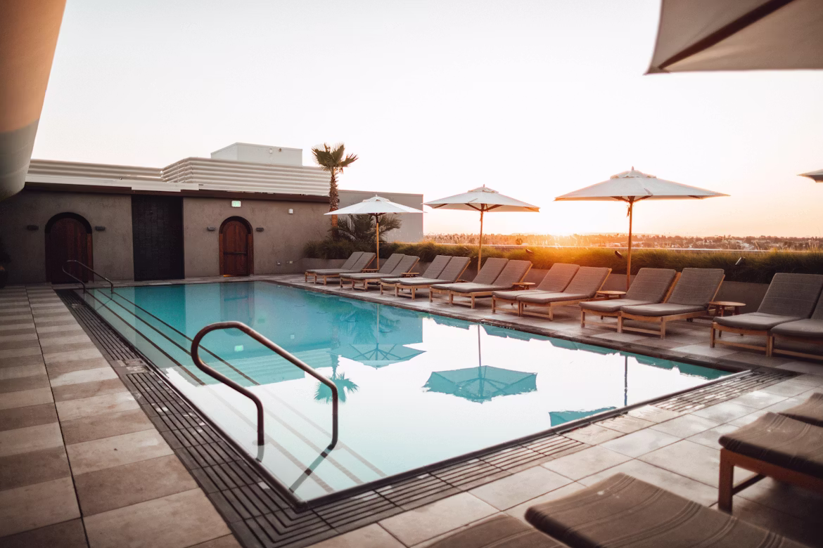 Residential pool at sunset